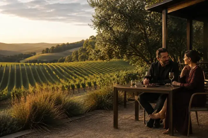 A couple sharing wine beside an Adelaide Hills vineyard at sunset