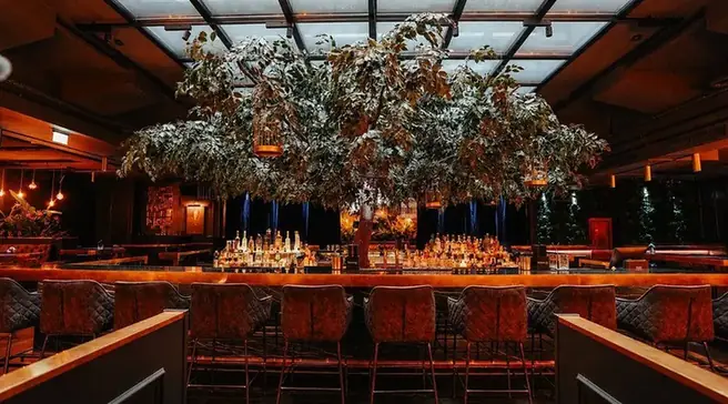 A discreet, warm hotel lounge