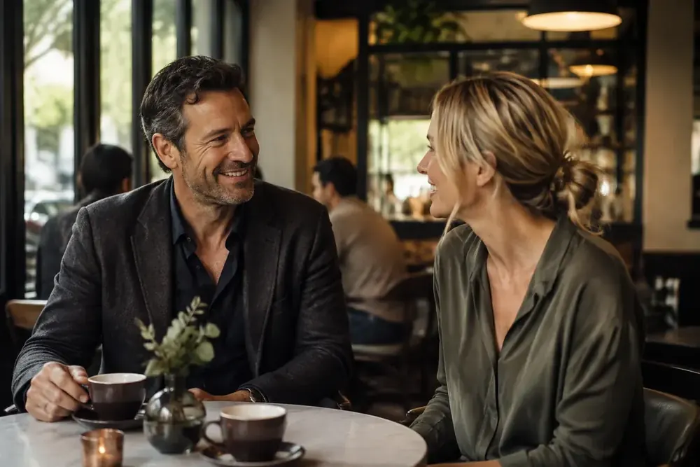 An Adelaide couple speaking over a relaxed cafe table